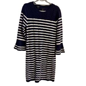 Talbots Navy and White Striped Long Sleeve Cable Knit Sweater Dress
